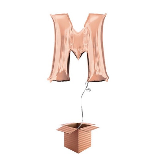 Rose Gold Letter M Helium Foil Giant Balloon - Inflated Balloon in a Box Product Gallery Image