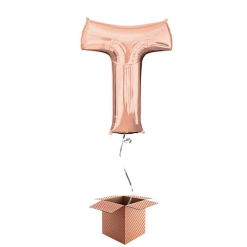 Rose Gold Letter T Helium Foil Giant Balloon - Inflated Balloon in a Box Product Gallery Image