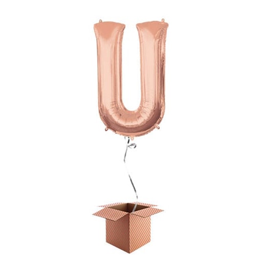Rose Gold Letter U Helium Foil Giant Balloon - Inflated Balloon in a Box Product Gallery Image