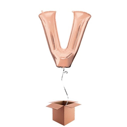 Rose Gold Letter V Helium Foil Giant Balloon - Inflated Balloon in a Box Product Gallery Image