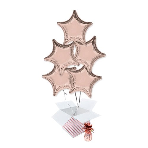 Rose Gold Star Shape Foil Helium Balloon Bouquet - 5 Inflated Balloons In A Box