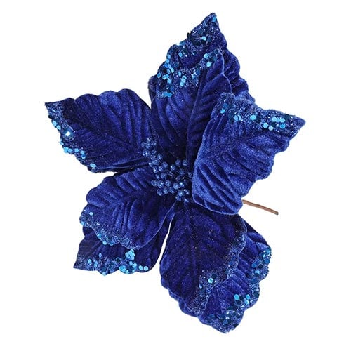 Royal Blue Velvet Christmas Poinsettia with Glitter Detail Artificial Flower Decoration 42cm