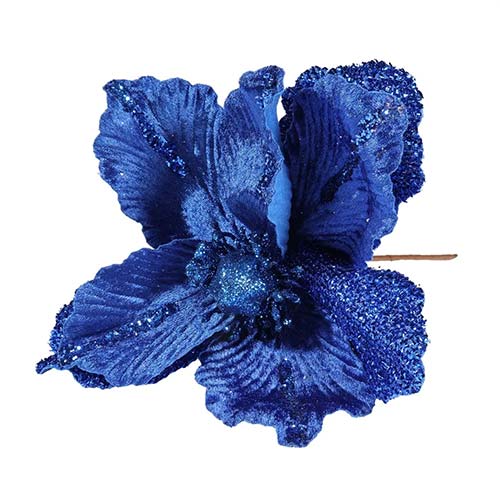 Royal Blue Velvet Magnolia with Glitter Edge Artificial Flower Decoration 26cm Product Image