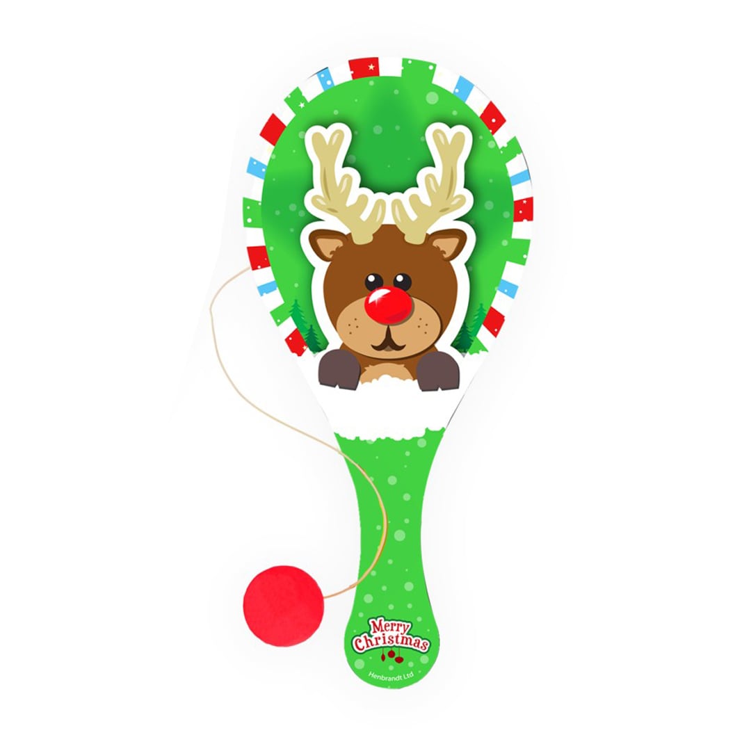 Rudolph Christmas Wooden Paddle Bat and Ball Game 22cm
