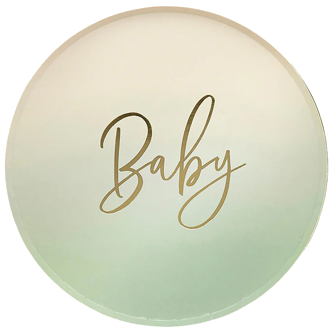 Sage Green Ombre Baby Round Paper Plates 23cm - Pack of 8