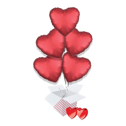 Sangria Red Satin Luxe Heart Foil Helium Balloon Bouquet - 5 Inflated Balloons In A Box Product Gallery Image