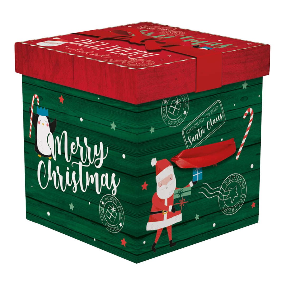 Santa and Friends Green & Red Christmas Square Gift Box 36cm