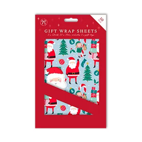 Santa Claus & Elves Blue Christmas Gift Wrap Sheets with Matching Tags - Pack of 5 Product Gallery Image