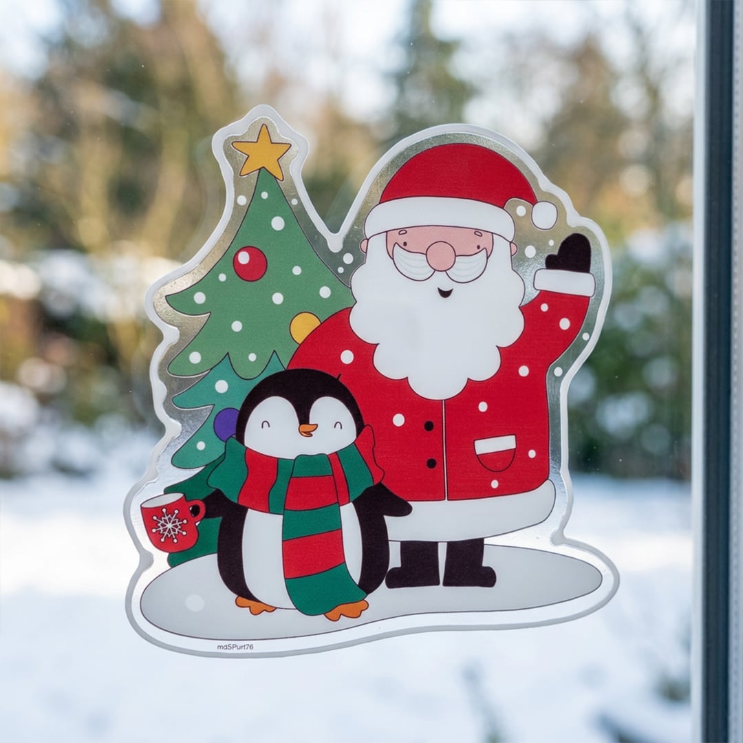Santa Claus & Penguin Snowy Christmas Gel Window Sticker