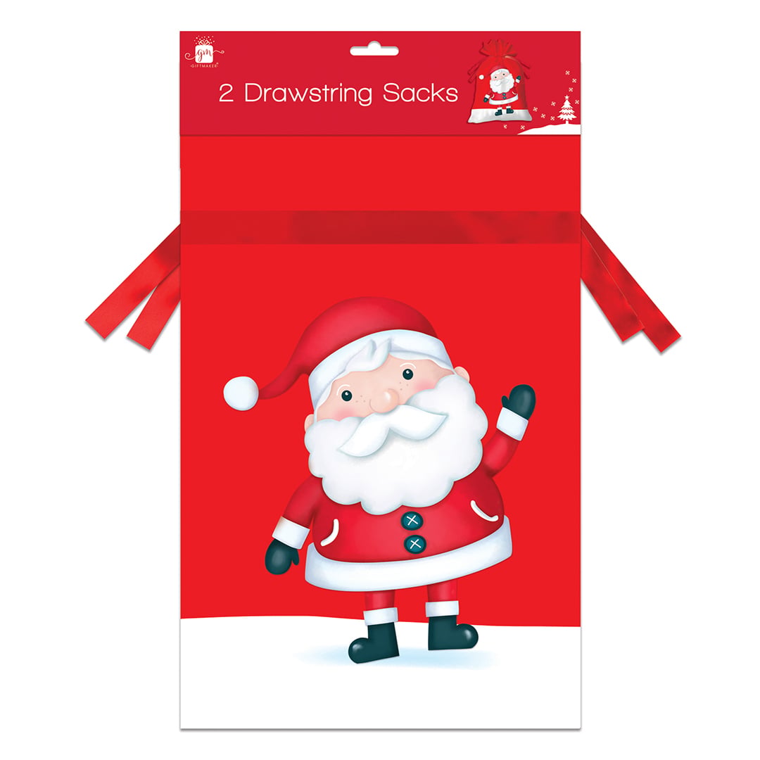 Santa Claus Christmas Red Drawstring Gift Bags - Pack of 2