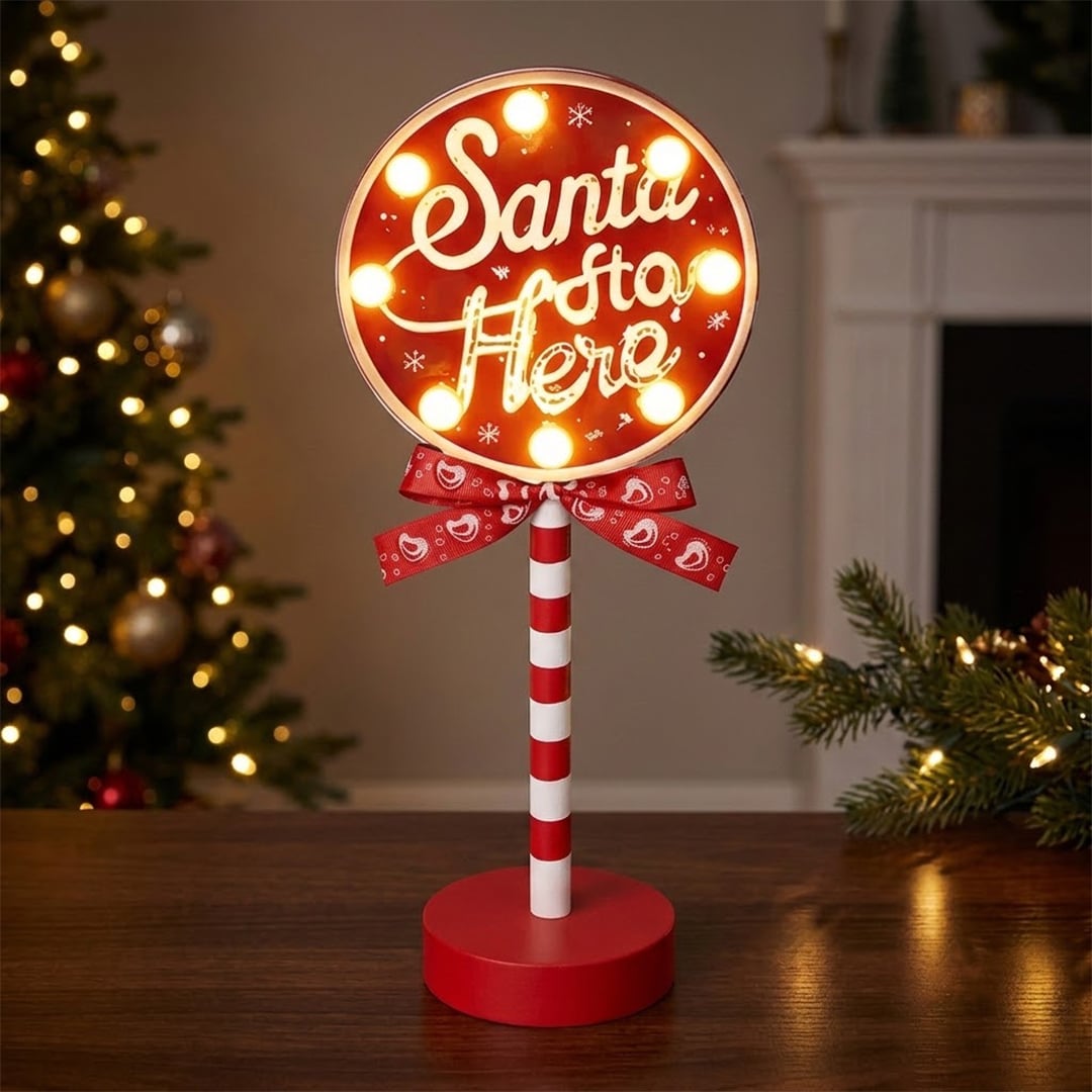 Santa Stop Here Candy Cane Design LED Christmas Sign Decoration 30cm
