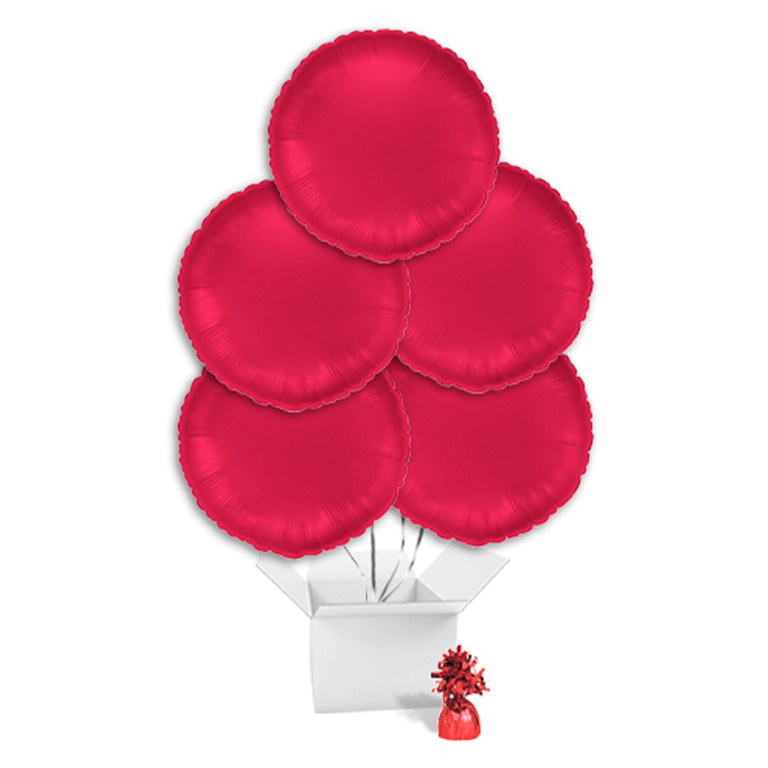 Satin Cherry Red Round Foil Balloon Bouquet - 5 Inflated Balloons In A Box Product Gallery Image