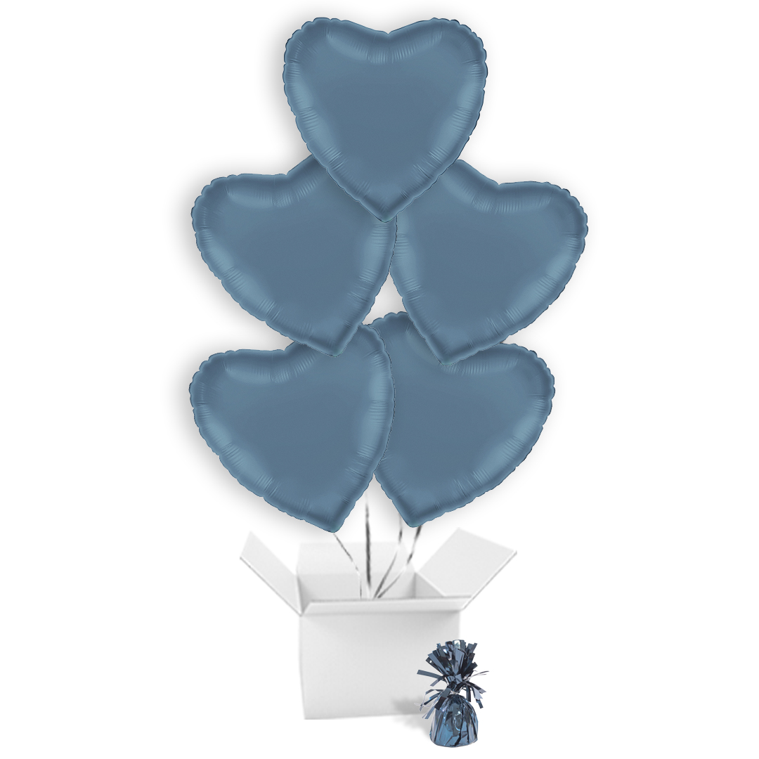 Satin Denim Blue Heart Shaped Foil Balloon Bouquet - 5 Inflated Balloons In A Box