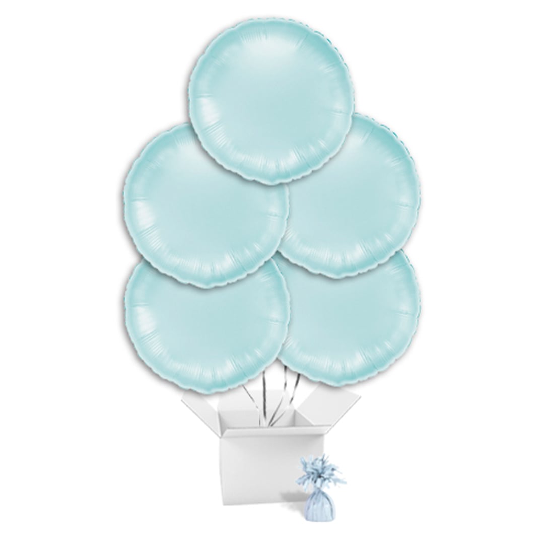 Satin Pastel Blue Round Foil Balloon Bouquet - 5 Inflated Balloons In A Box