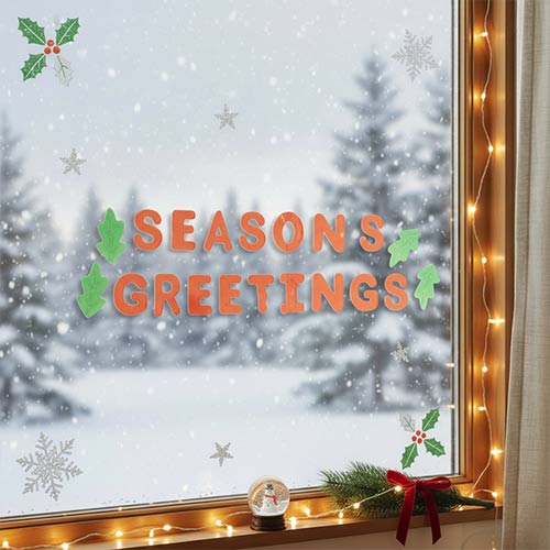 Season's Greetings with Trees Large Red Christmas Gel Window Stickers Product Gallery Image