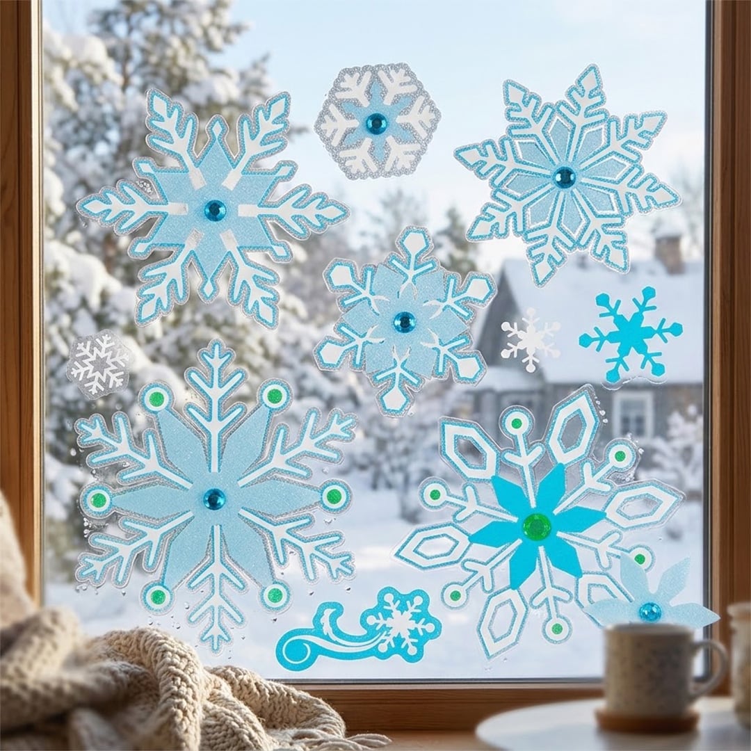 Sequin Detail 3D Snowflake Christmas Window Stickers Sheet