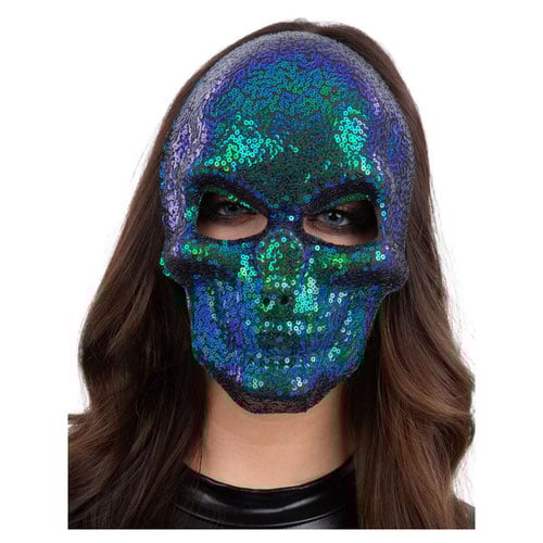 Sequin Skull Two Tone Blue & Green Unisex Fancy Dress Face Mask Product Image