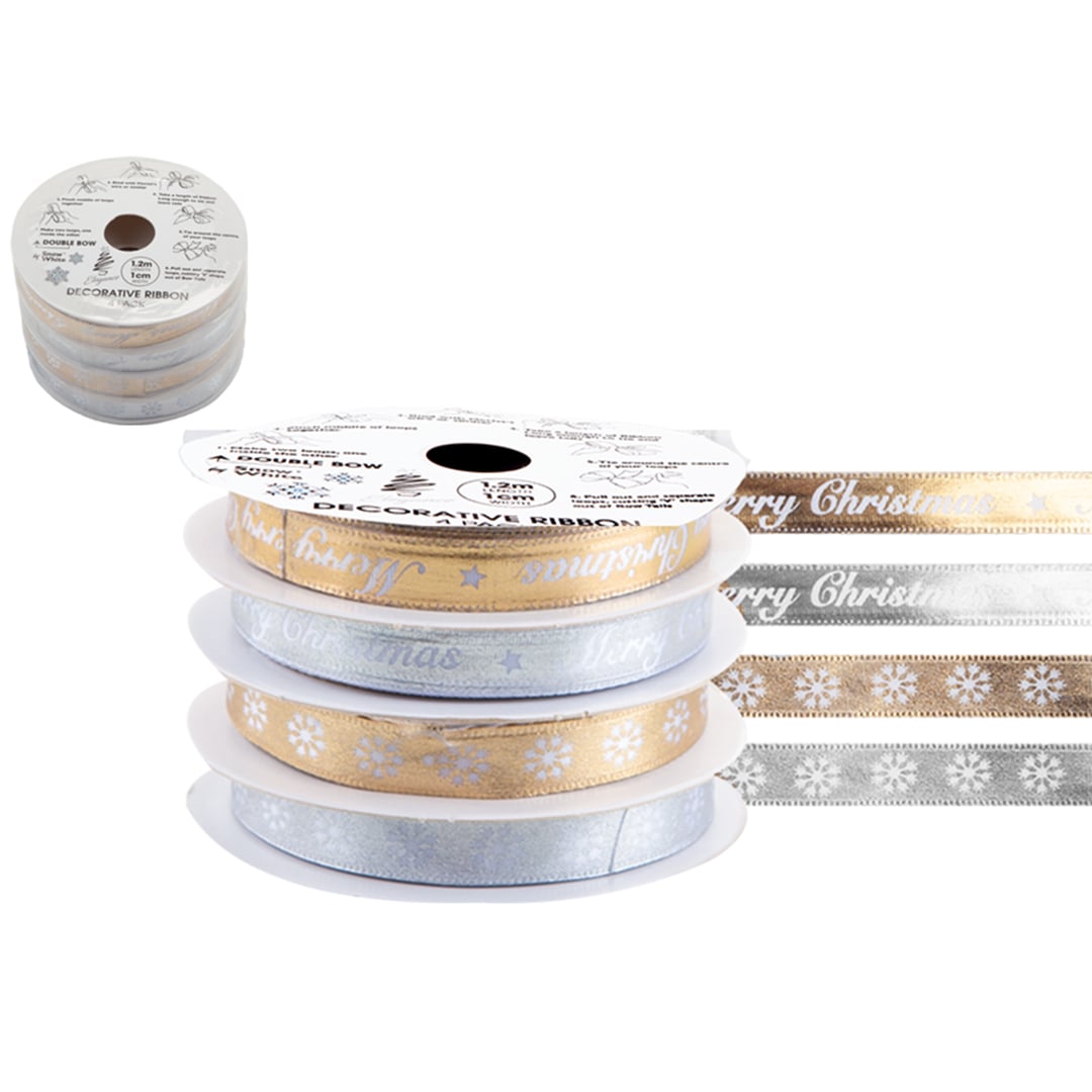 Shiny Gold & Silver Decorative Christmas Ribbon Reels 1.2m - Pack of 4