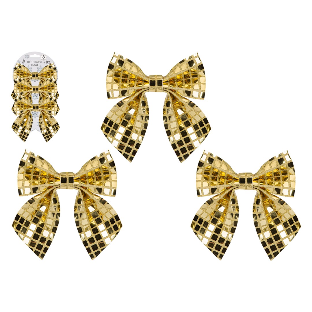 Shiny Gold Disco Christmas Bow Decorations 13cm - Pack of 3