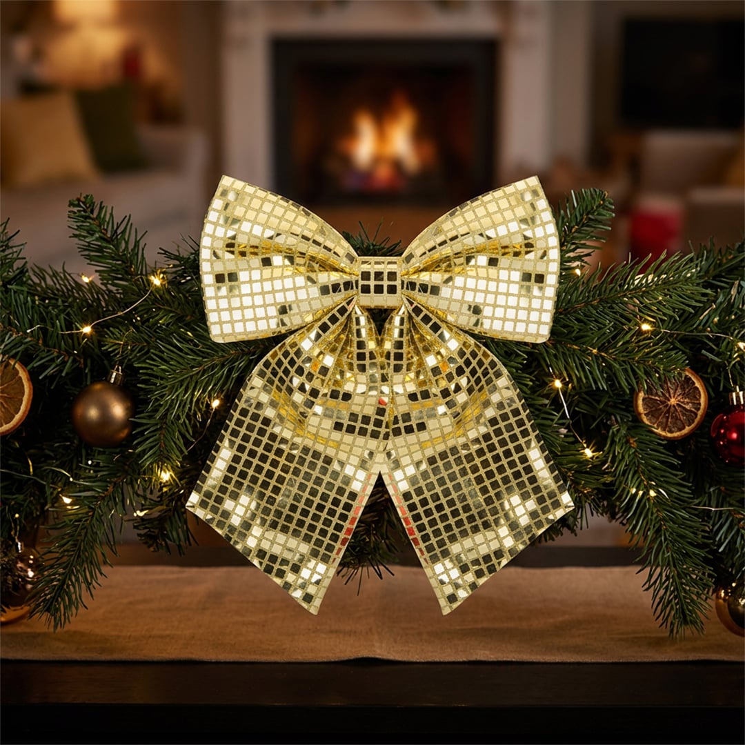 Shiny Gold Disco Christmas Bow Decoration 24cm
