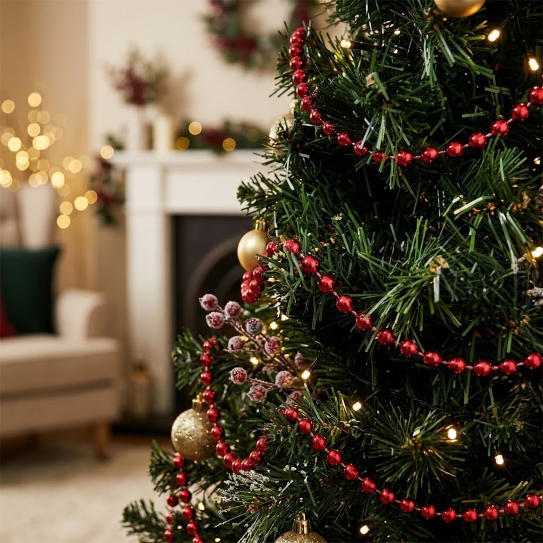 Shiny Red Beaded Chain Christmas Garland Decoration 10m