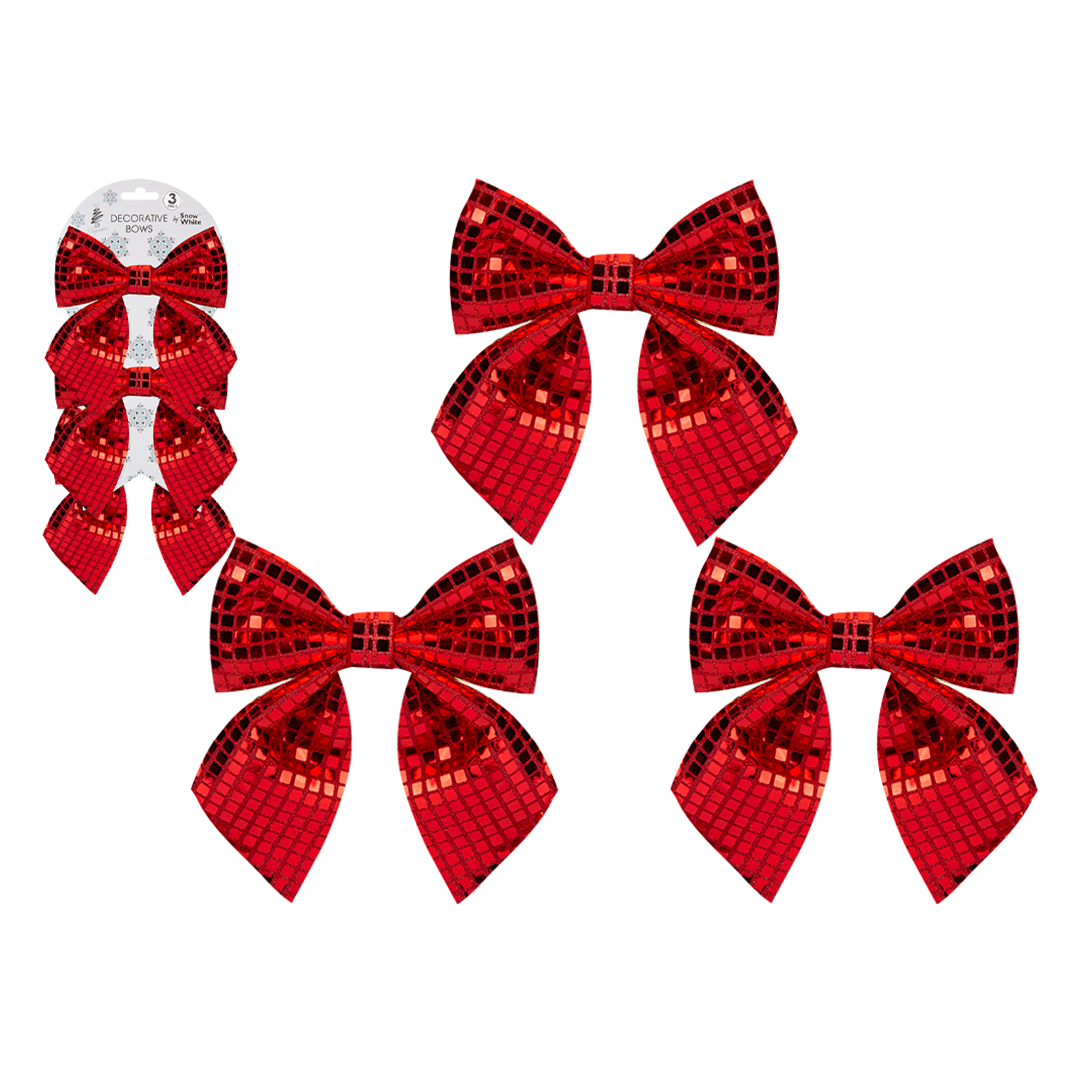 Shiny Red Disco Christmas Bow Decorations 13cm - Pack of 3