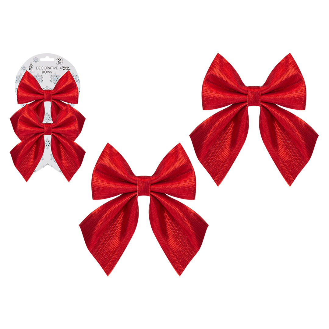 Shiny Red Fabric Christmas Bow Decorations 13cm - Pack of 2