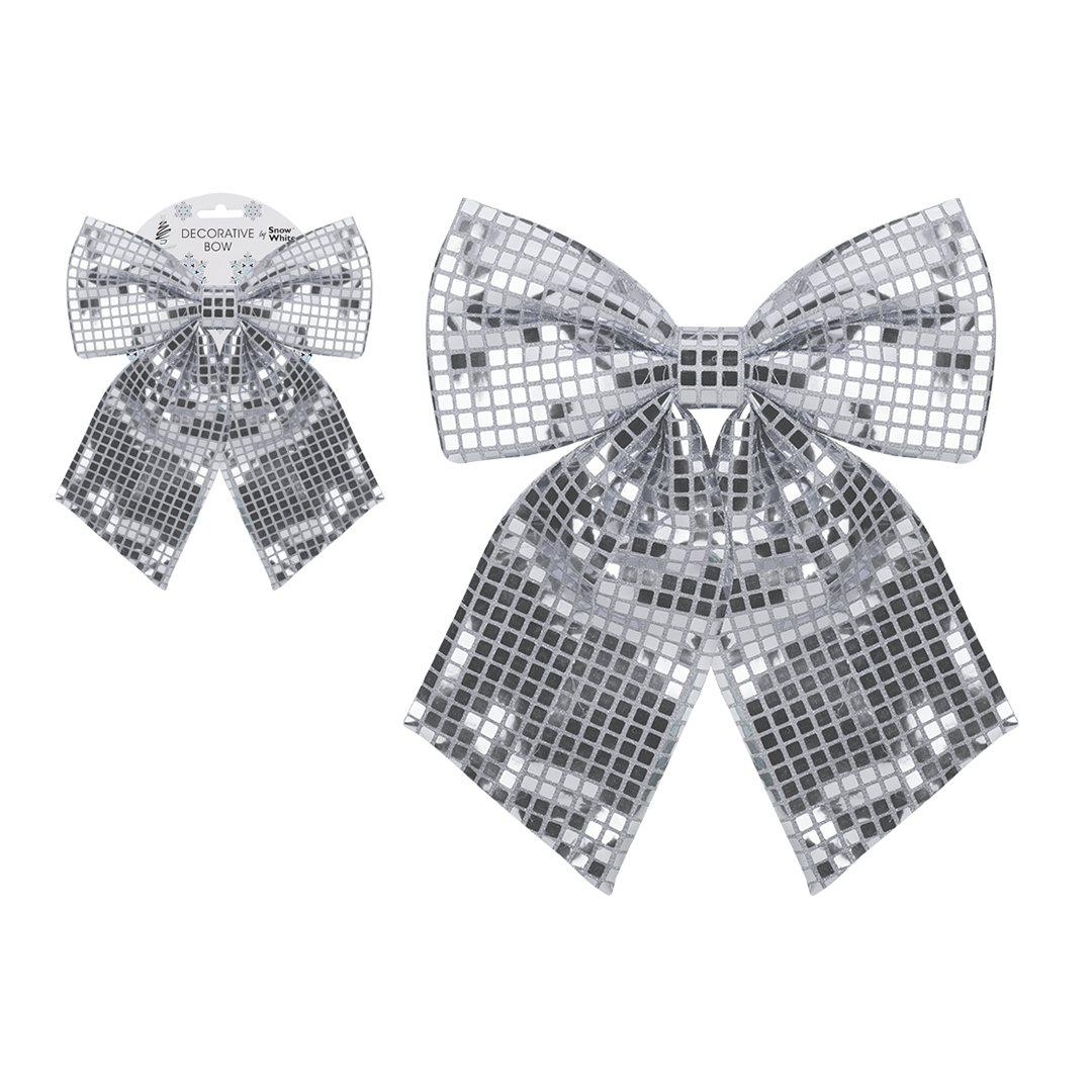 Shiny Silver Disco Christmas Bow Decoration 24cm