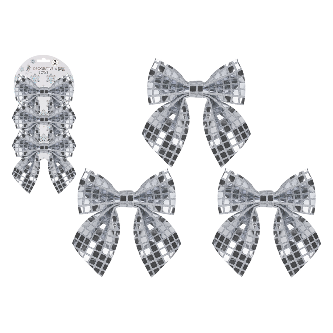 Shiny Silver Disco Christmas Bow Decorations 13cm - Pack of 3