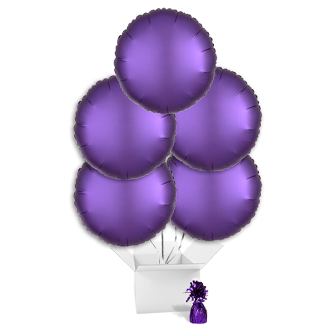 Silk Lustre Purple Round Foil Balloon Bouquet - 5 Inflated Balloons in a Box