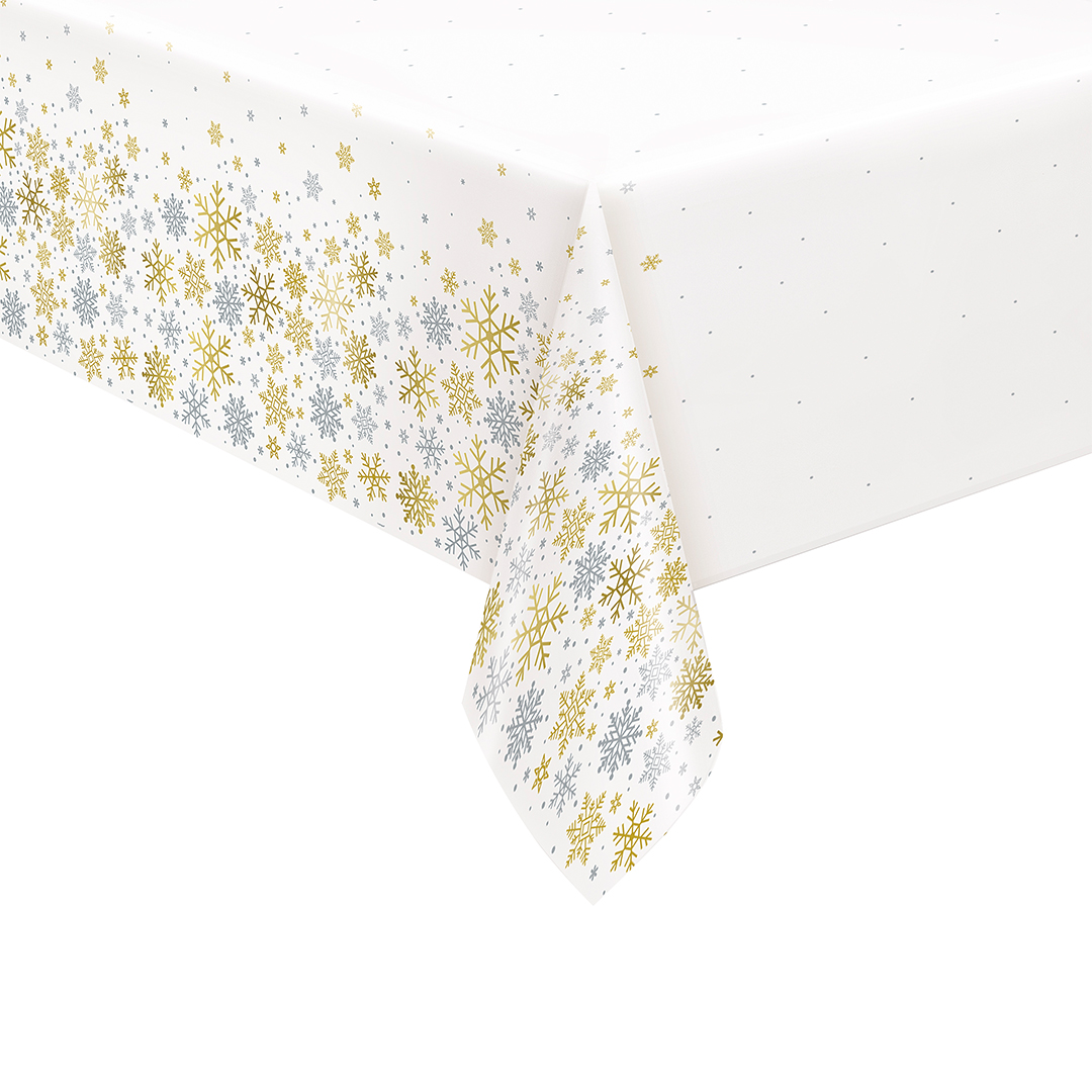 Silver & Gold Snowflakes Christmas Rectangular Plastic Tablecover 213cm x 137cm