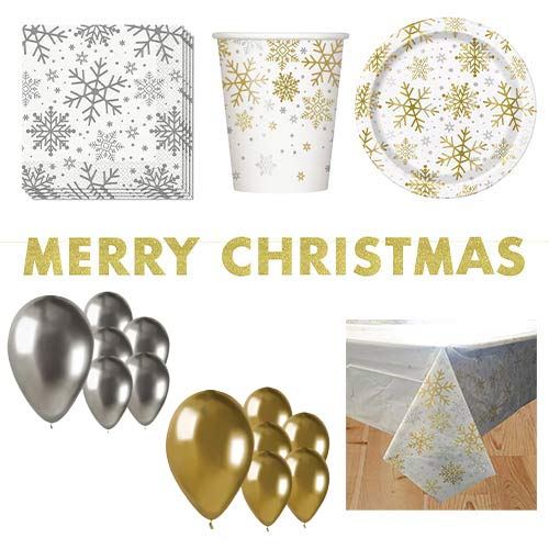 Silver And Gold Snowflakes Christmas 16 Person Deluxe Party Pack