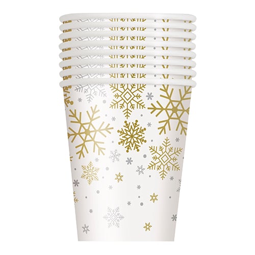 Silver & Gold Snowflakes Christmas Compostable Paper Cups 270ml - Pack of 8 Product Gallery Image