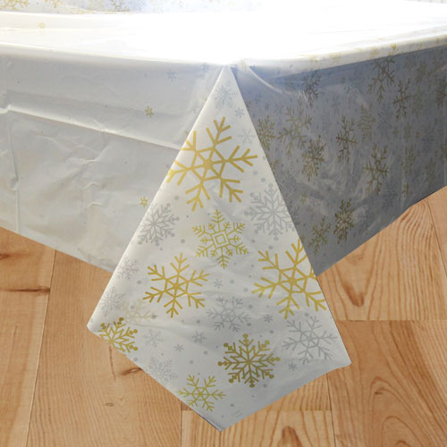 Silver & Gold Snowflakes Christmas Rectangular Plastic Tablecover 213cm x 137cm View 2
