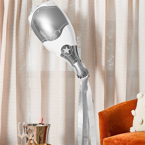 Silver Champagne Bottle with Silver Crepe Paper Tassels Helium Foil Balloon Product Gallery Image