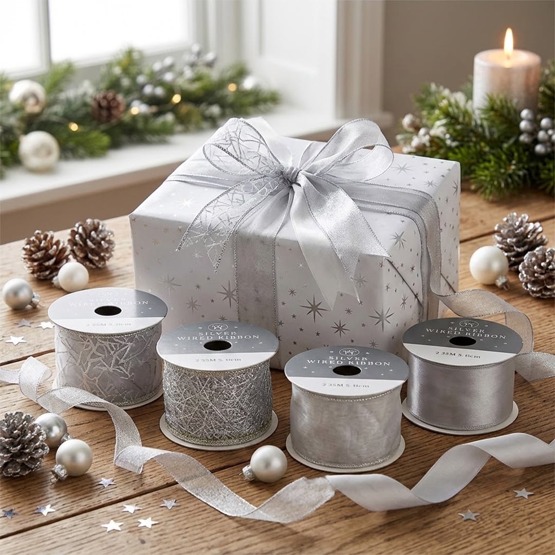 Silver Decorative Christmas Wired Ribbon Reel 2.75m View 2