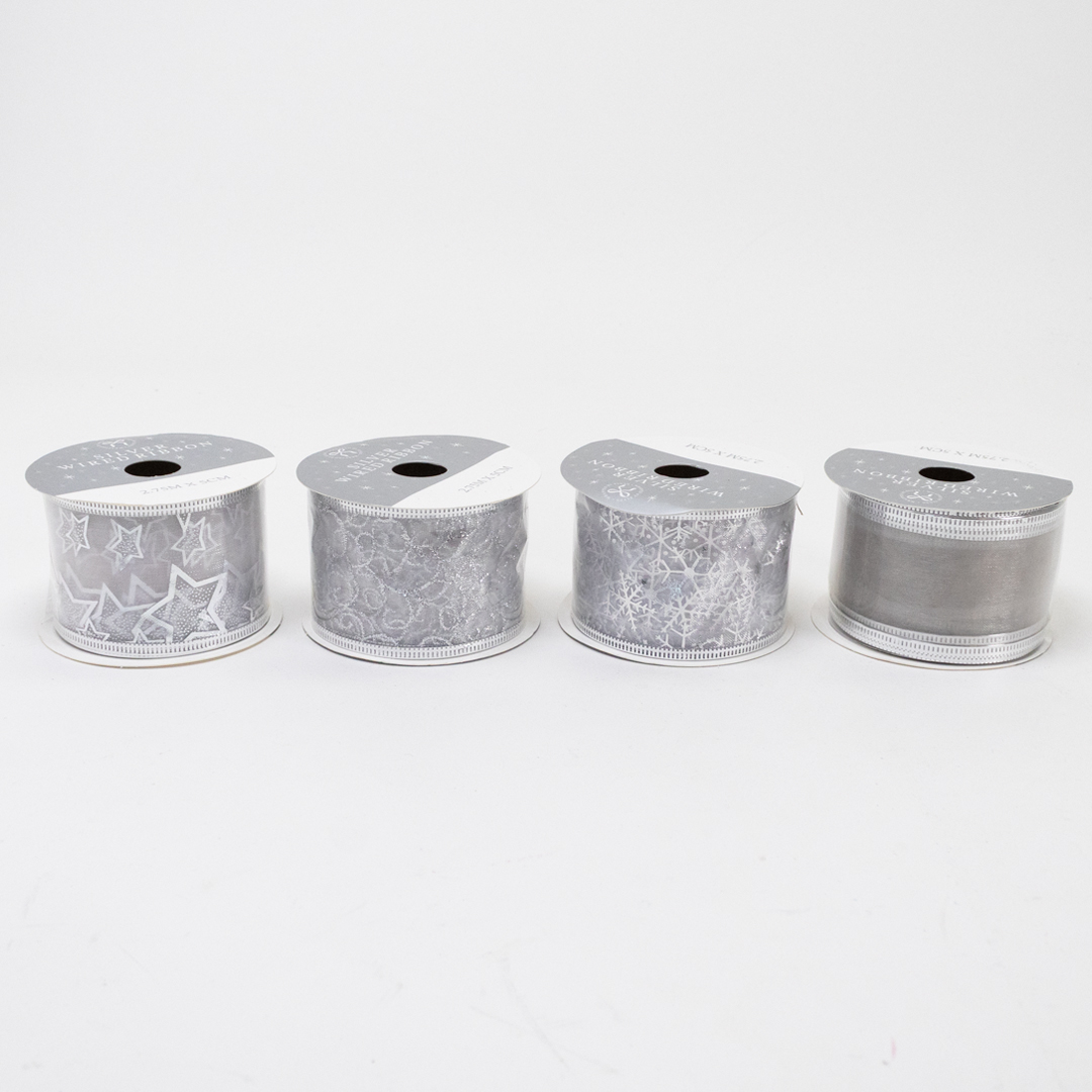 Silver Decorative Christmas Wired Ribbon Reel 2.75m