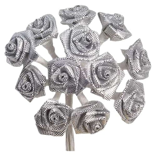 Silver Fabric Ribbon Roses - 12 Bunches of 12 Product Image