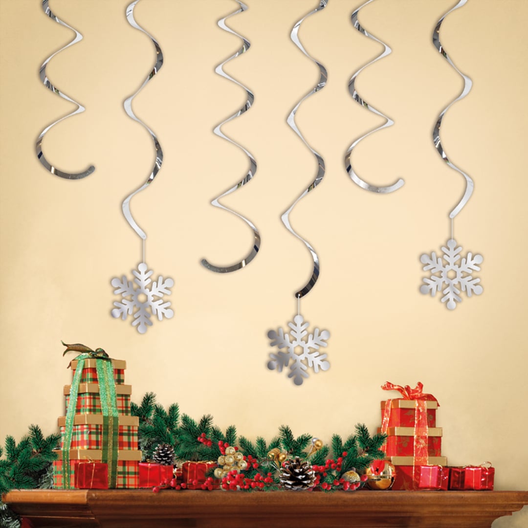 Silver Foil Snowflake Hanging Swirl Decorations - Pack of 6