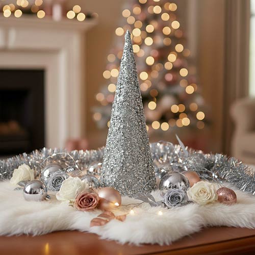 Silver Glitter & Pearl Christmas Tree Ornament 25cm