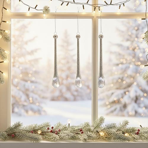 Silver Glitter Droplet Christmas Hanging Decorations - Pack of 3