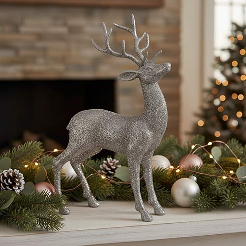 Silver Glittered Christmas Stag Decoration 27cm