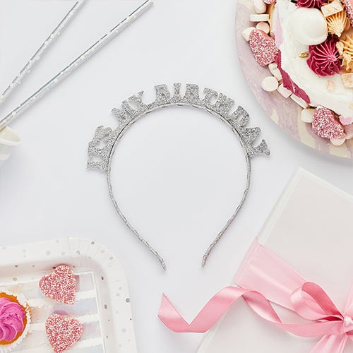 Silver 'It's My Birthday' Glitter Headband Product Gallery Image