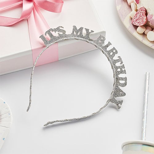 Silver 'It's My Birthday' Glitter Headband Product Gallery Image