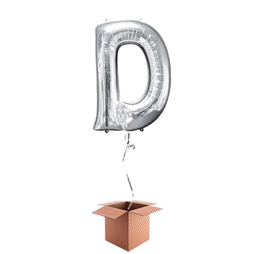 Silver Letter D Helium Foil Giant Balloon - Inflated Balloon in a Box Product Gallery Image