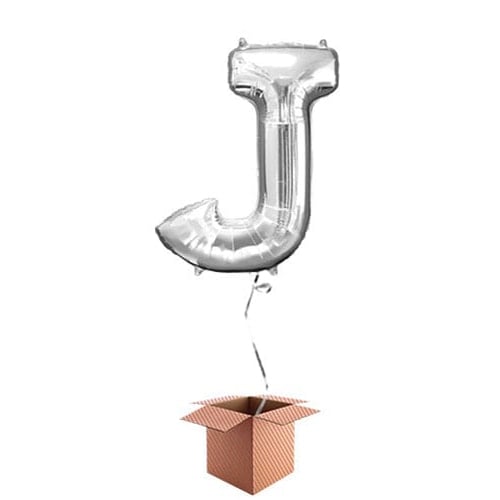 Silver Letter J Helium Foil Giant Balloon - Inflated Balloon in a Box Product Image