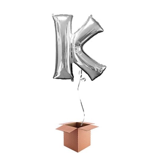 Silver Letter K Helium Foil Giant Balloon - Inflated Balloon in a Box Product Gallery Image