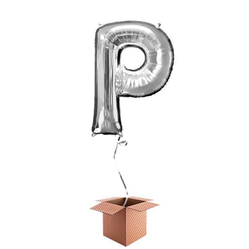 Silver Letter P Helium Foil Giant Balloon - Inflated Balloon in a Box Product Gallery Image