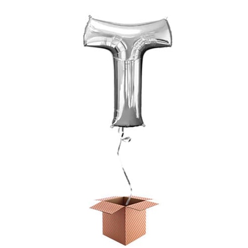 Silver Letter T Helium Foil Giant Balloon - Inflated Balloon in a Box Product Gallery Image