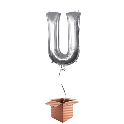 Silver Letter U Helium Foil Giant Balloon - Inflated Balloon in a Box Product Gallery Image